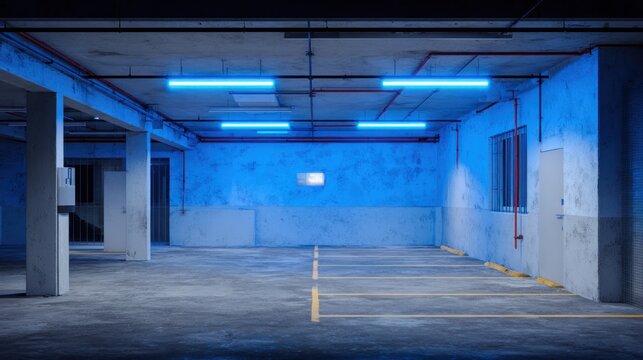Illuminated concrete structure shows multiple parking spaces under bright overhead lights