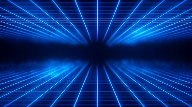 Futuristic blue grid with moving light patterns creating a digital tunnel effect