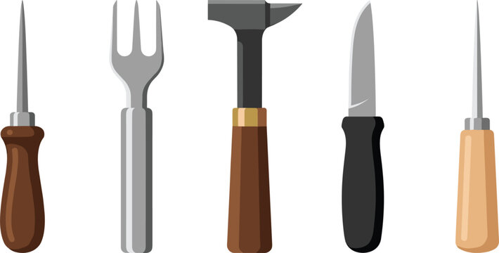 Leatherworking and craft tools vector illustration set featuring handmade leather crafting equipment icons like awl punch hammer knife and chisel elements