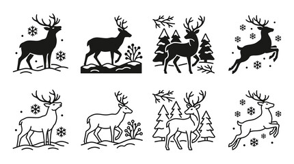 Set of deer icons, silhouettes and line art winter forest animals, reindeer in snow, christmas vector illustration © Hikari Vector Studio