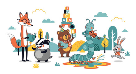 Obraz premium A delightful vector illustration featuring a fox badger bear caterpillar and rabbit playing musical instruments together in a colorful forest landscap