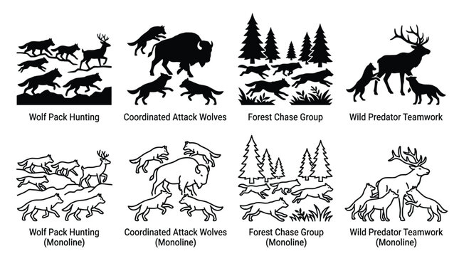 Set of wolf pack hunting, coordinated attack, forest chase group and wild predator teamwork silhouettes and monoline icons