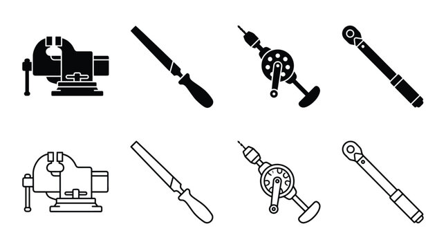 Set of hand tools icons, including bench vise, file, hand drill, and torque wrench, vector illustration