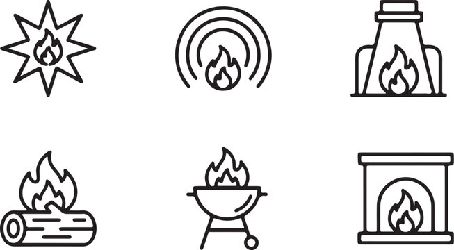 Vector illustration set of fire icons and flaming web design elements featuring communication technology symbols for mobile internet and wireless business signal buttons