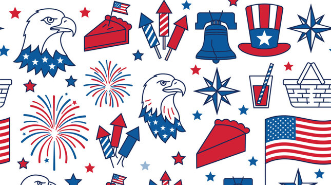 4th of July seamless pattern with patriotic american flag eagle and holiday doodles vector illustration
