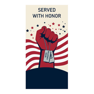 US Memorial Day Vector Illustration with Raised Fist Holding Dog Tags and American Flag Background