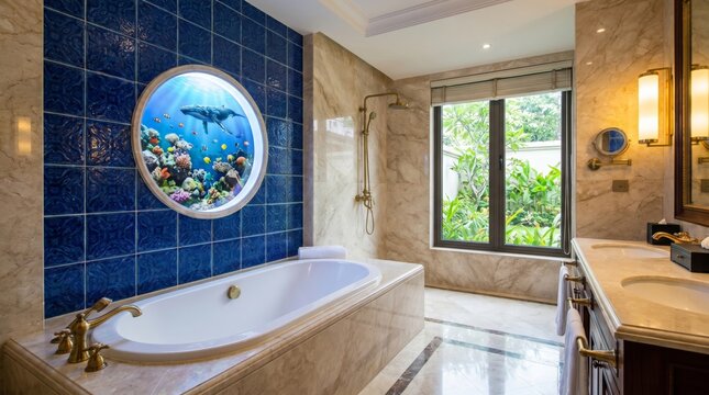 Surreal Miniature Scene of A modern luxury bathroom featuring a round window that looks directly