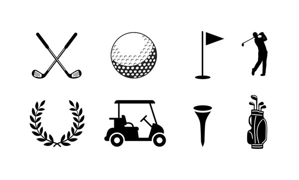 Golf icon set with crossed clubs tournament ball flag and player silhouette sports symbols, Golf equipment vector illustration pack