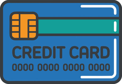 Credit card icon vector illustration a flat design of a blue payment card with an emv chip, a teal stripe, and placeholder numbers, representing banking, finance, and online shopping concepts