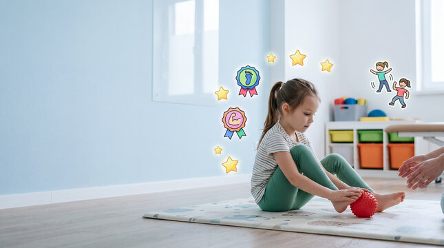 Child doing sensory foot therapy with massage ball in pediatric physiotherapy clinic, occupational therapy, motor development and rehabilitation concept