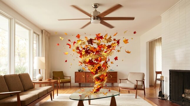 Surreal Miniature Scene of A living room interior where a whirlwind of colorful autumn leaves is spinning