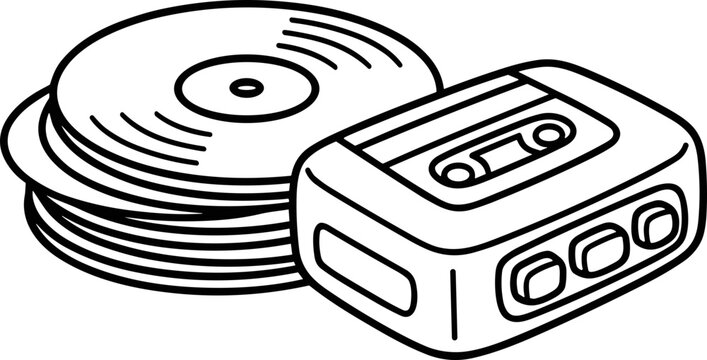 Vintage audio devices: stack of vinyl records and portable cassette player, retro music concept