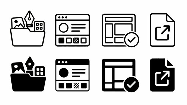 Simple black icons of website interfaces and documents with checkmarks
