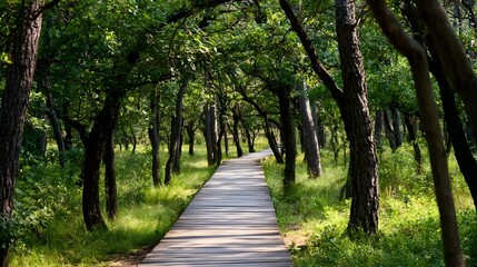 Fototapeta premium A peaceful sunlit forest walkway winds through dense lush greenery creating a tranquil natural corridor