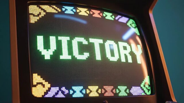 Victory arcade game screen displaying bright glowing pixelated text on a vintage monitor in this high quality motion video clip