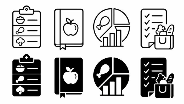 Food icons set: checklist, recipe book, chart, grocery bag illustrations