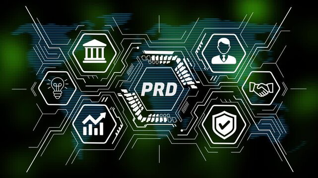 PRD concept featuring business strategy, innovation, technology, data analysis, teamwork, and growth icons. 4k animation video world map  digital background 