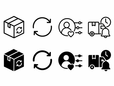 Black and white icons for parcel, refresh, profile settings, delivery notification