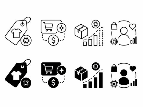 E-commerce icons with cart, box, chart, microchip, shopping tags