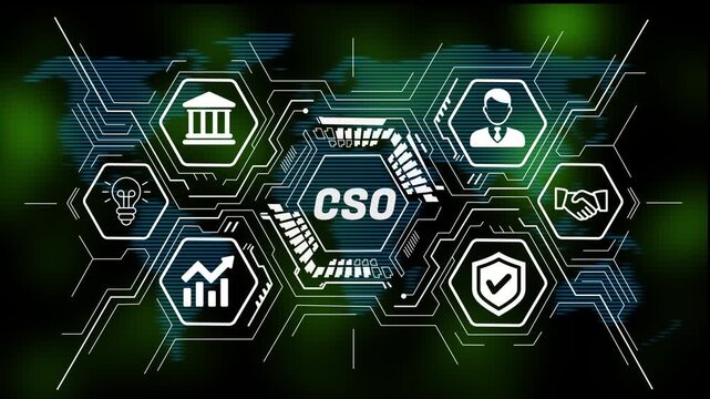 CSO concept featuring business strategy, innovation, technology, data analysis, teamwork, and growth icons. 4k animation video world map  digital background 