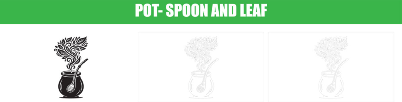 Traditional mate pot with spoon and aromatic tea leaves rising like smoke for cultural beverage advertising black and white line art.