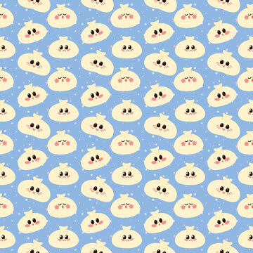 Seamless kawaii pattern featuring adorable khinkali dumplings with various cute facial expressions on a soft blue background filled with colorful stars. 