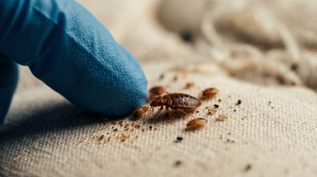 Close up view of parasitic bed bugs found on mattress surface while professional inspector in blue protective gloves carefully examines fabric for signs of indoor household pest issues.