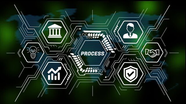 process concept featuring business strategy, innovation, technology, data analysis, teamwork, and growth icons. 4k animation video world map  digital background 
