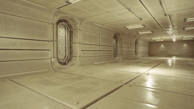 Sterile transport corridor with porthole and uniform panels, bright ceiling lights, sanitized surfaces, automation tracks and sensor arrays, cleanroom
