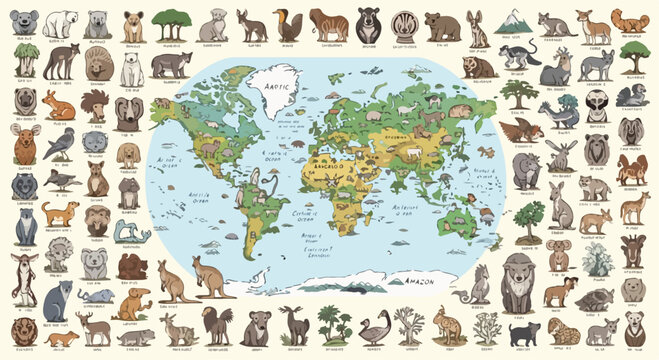 Illustrated world map with wild animals, educational earth map poster for kids, collection of global fauna and wildlife species vector