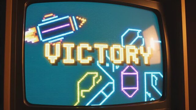 Victory screen video footage featuring retro pixelated arcade game graphics on a vintage television display with classic scanline motion effects