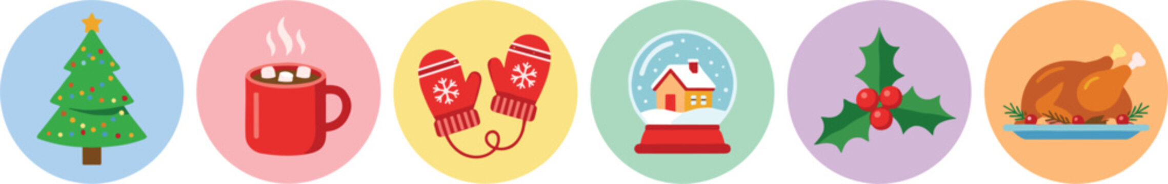 Vector collection of flat round Christmas icons featuring christmas tree hot chocolate mittens snow globe holly berries and roasted turkey isolated on white background