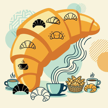 A warm breakfast concept featuring a golden croissant vector illustration with steaming coffee cups and artistic decorative elements