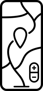 Smartphone map navigation icon with pin and zoom controls, simple outline design.