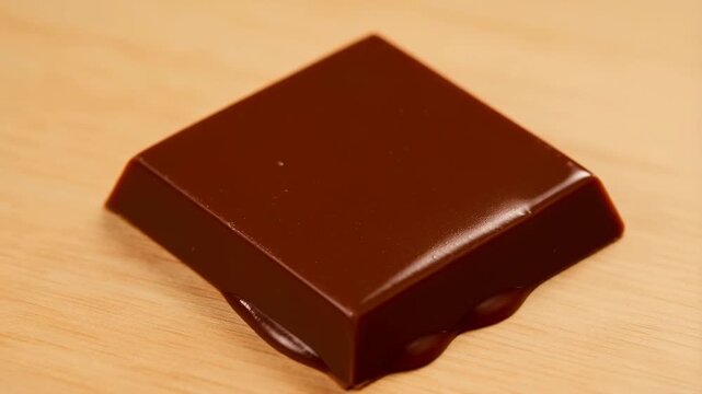 Chocolate melting timelapse: solid to liquid transformation on wooden surface