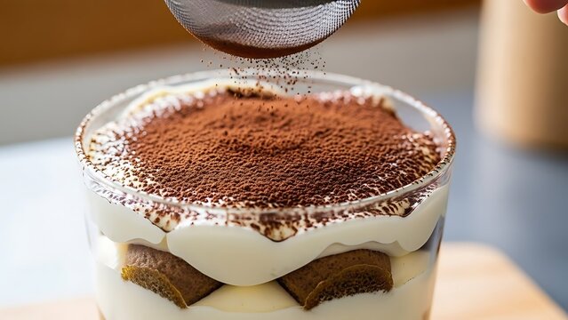 Close up view of rich tiramisu dessert in a glass being dusted with cocoa powder through a sieve