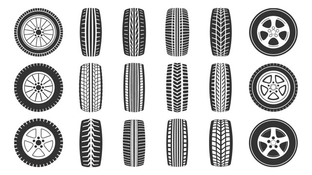 Car wheel icon set, detailed racing tire graphics and speed wheel symbols for automotive branding, motorsport logos, and vehicle transport visual design vector design
