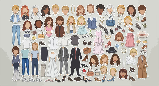 Fashion paper doll creator kit, diverse female avatars with customizable outfits and accessories, flat vector clothing collection for styling