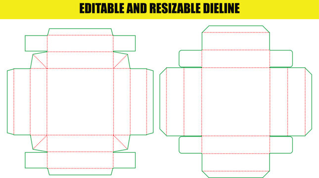 Square cardboard packaging box dieline template with cut and fold lines for product design project