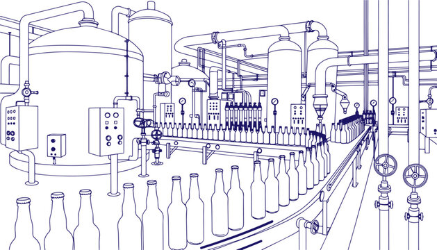 Brewery Factory Interior Beer Bottling Production Line Line Art Vector Illustration Industrial Beverage Manufacturing Sketch