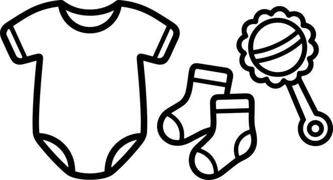 Baby Clothes and Toy Outline Icon: Onesie, Socks, Rattle