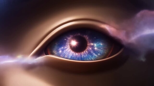 Slow motion close up of eye revealing galaxy like iris swirling with light and nebula clouds around eyelid in dark cosmic setting