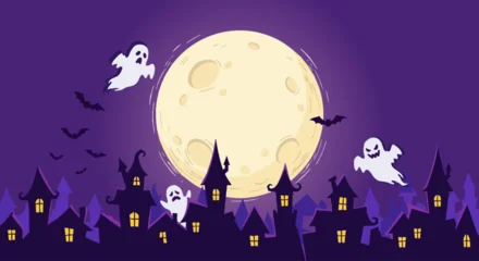 Fototapeten Violett Halloween background with full moon, spooky haunted houses, ghosts, and bats. Spooky Halloween night landscape illustration with big bright moon, flying ghosts. Cute, spooky Halloween vector banner  © Kate