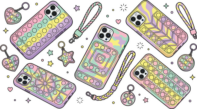 Vector collection of pastel tie dye mobile phone cases with pop it fidget bubble textures keychains and straps isolated on white background