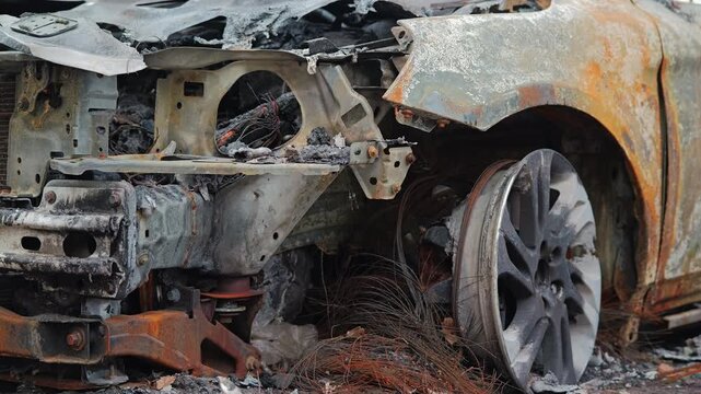 Close-up of destroyed engine bay with melted wiring and burned wheel assembly