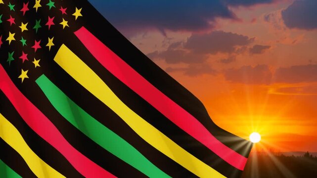 Alternative Juneteenth Flag with sunrise or sunset. Since 1865. Design of Banner with place for text. Video concept.