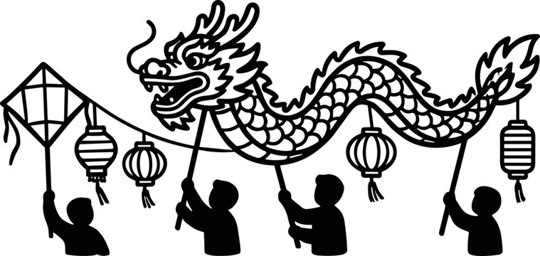 Chinese Dragon Festival Parade with Lanterns and Kite
