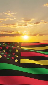 Alternative Juneteenth Flag with sunrise or sunset. Since 1865. Design of Banner with place for text. Vertical video for social media and stories.