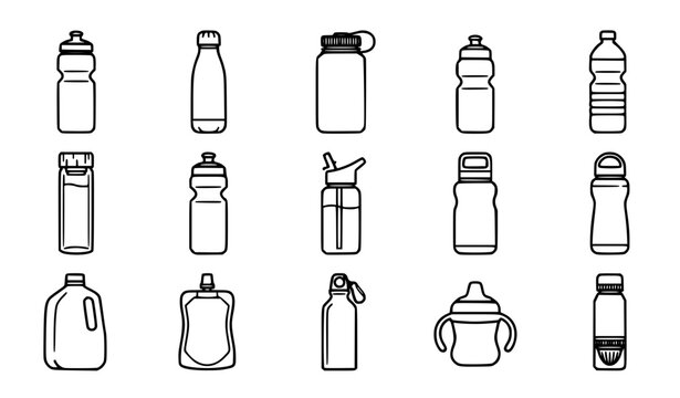 A professional minimal outline icon set showcasing various types of reusable water bottles, plastic sports shaker flasks, metal thermos containers, gym hydration bottles with straws, a large gallon ju