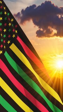 Alternative Juneteenth Flag with sunrise or sunset. Since 1865. Design of Banner with place for text. Vertical video for social media and stories.